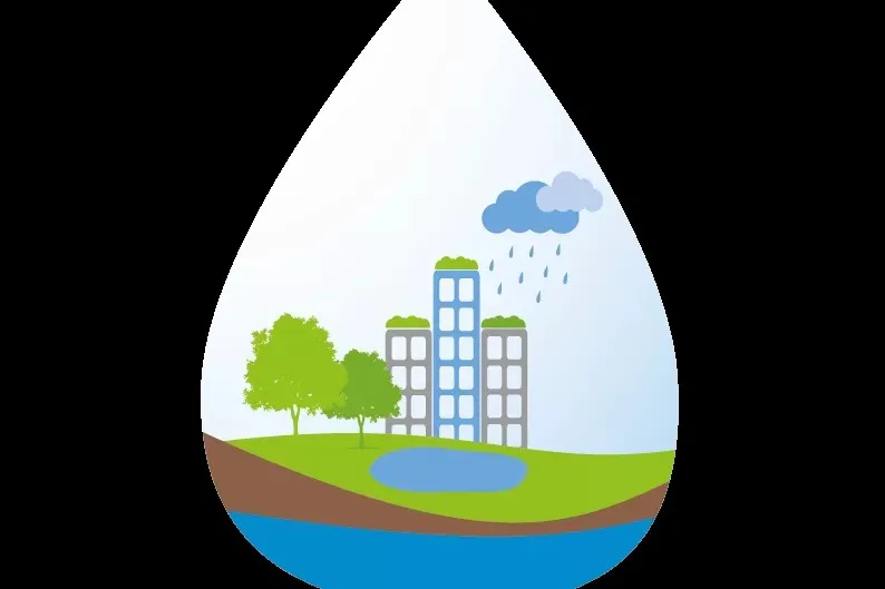 Wassertropfen mit Hochhaus, Wolken und Bäumen